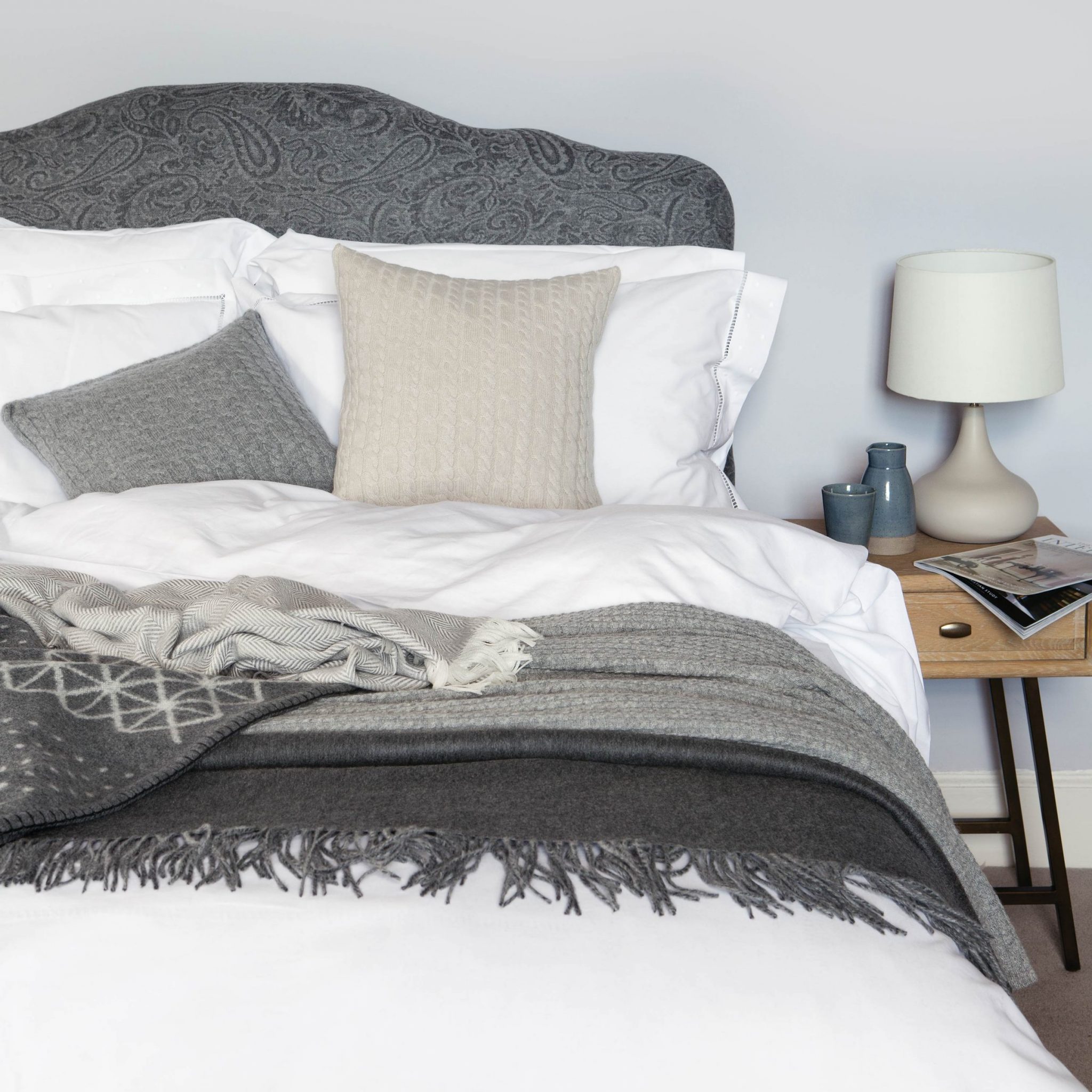 Cable Knit Pillow and Throw-Scandi-Plain Cashmere-Northern Lights Headboard