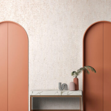 Mock-up poster in modern interior design, orange door, desk, and home decoration.
