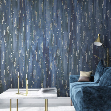 Poster mock up in hipster interior background, dark blue room with bouquet on table